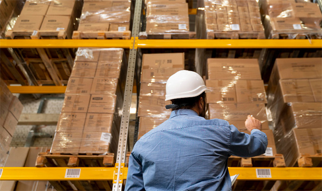 Man looking up at warehouse full of product
